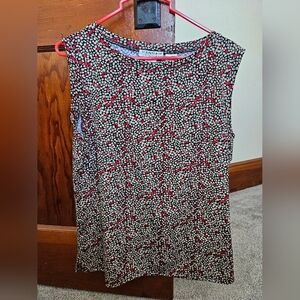 EUC Hannah Stretch Black Red Beige Geometric Design Sleeveless Blouse Top Size L